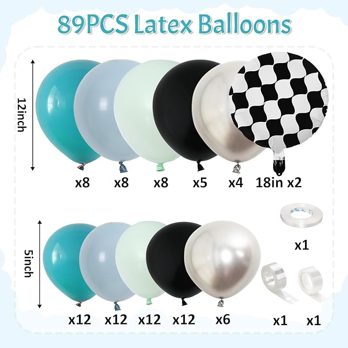 Race Car Balloons Garland Arch Kit, Dusty Blue Balloons Green Black Balloon Pale Blue Metallic Silver Balloon Arch Kit with Checkered Foil Balloon for Car Fast Birthday Baby Shower Party Decorations