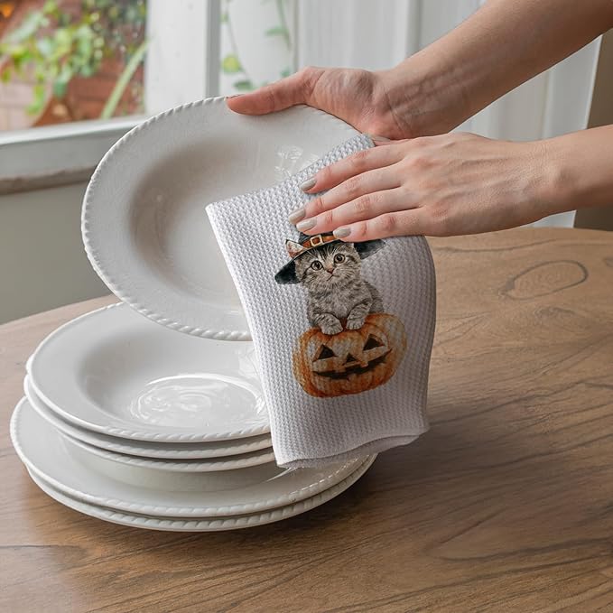 TNUW Halloween Witchy Cat Pumpkin Kitchen Towels 16x24 Inch, Cat Mom Lovers Gifts Dish Tea Towels for Kitchen, Halloween Witch Kitten Spooky Pumpkin Decorative Hand Towel for Bathroom Decor Catpumpkin