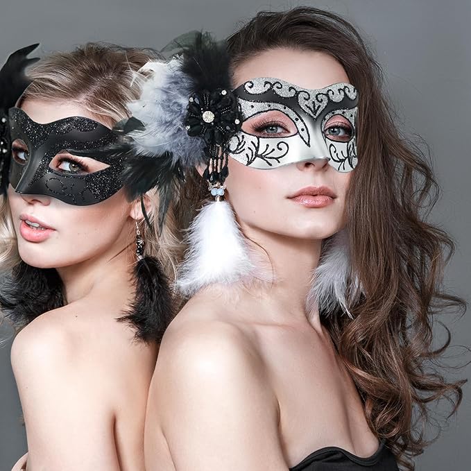 2025 New Silver Women Masquerade Mask with Feathers - Womens Mascarade Venetian Mask for Masquerade Party, Mardi Gras, Halloween Cosplay Prom, Christmas