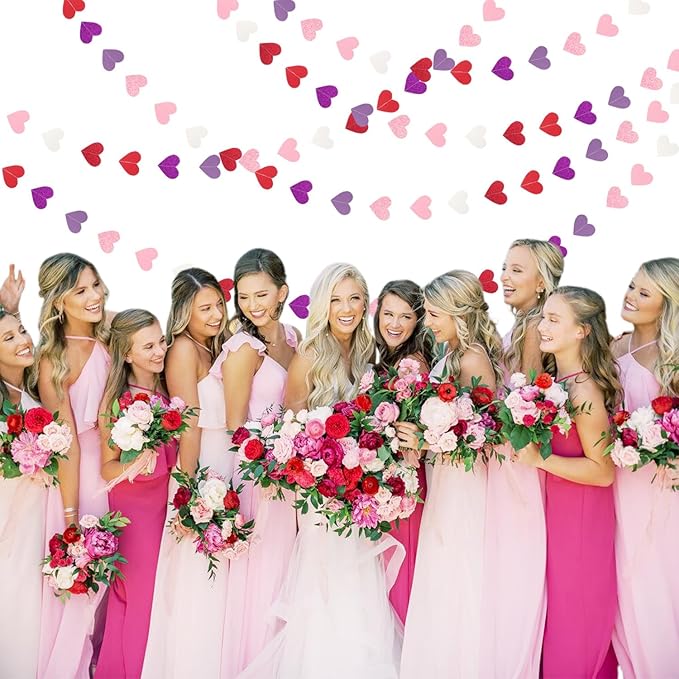 Hot-Pink Purple-Red Party-Decorations Heart-Garland - 62ft Women Girl Hanging Streamers Banner, Mothers Day Birthday Bachelorette Engagement Bridal Baby Shower Backdrop Decor Supplies Burgleda