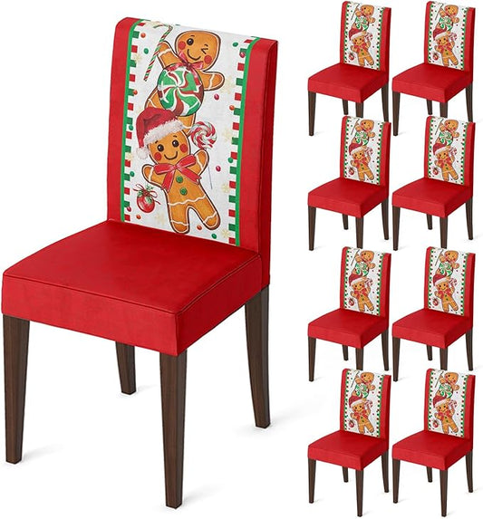 Horaldaily 8PCS Christmas Dining Chair Covers, Gingerbread Man Candy Cane Stretch Removable Washable Slipcover Chair Protector for Dining Room Home Decor