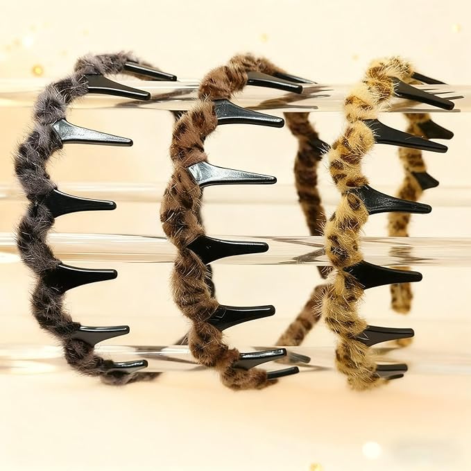 3PCS Retro High Skull Headband Wedding Party Elegant Reversible Headband with Teeth High Cranium Headbands for Women (Leopard)