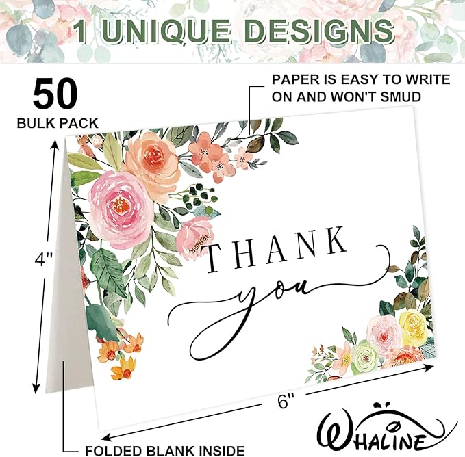 Whaline 50 Pack Floral Thank You Cards Boxed Watercolor Flower with Green Leaves Blank Note Cards with Envelopes Stickers Greeting Card for Spring Wedding Birthday
