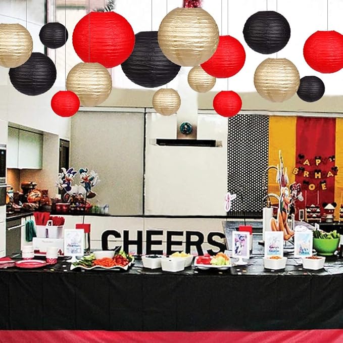 Paper Lanterns Decorative, Round Hanging Paper Lanterns Decorations for Wedding Graduation Anniversary Birthday Party Supplies Black/Gold/Red 15pcs