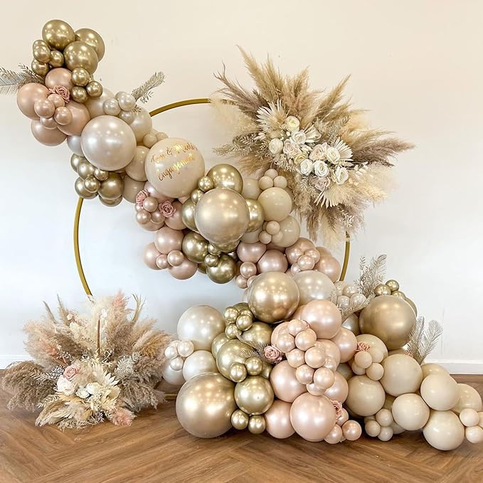 Metallic Champagne Gold Balloons, 113 pcs 18/12/10/5 Inch Champagne Gold Balloon Garland Arch Kit, Different Sizes Chrome Champagne Gold Latex Party Balloons for Birthday Wedding New Year Decorations