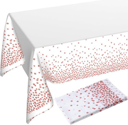 108"x54" 2 Packs Rose Gold White Tablecloth for Parties Rectangle Table, Dot Confetti Rectangular Plastic Table Cover, Thanksgiving Christmas, Wedding, Anniversary, Baby Shower, Birthday