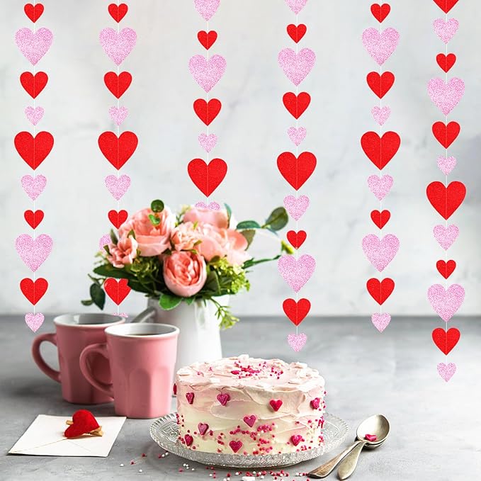 Galentines Party-Decorations Heart Garland - 6pcs Glitter Pink Red Love Hanging Streamers,Romantic Special Night Baby Shower Wedding Anniversary Ceiling Banner Backdrop Decor Burgleda