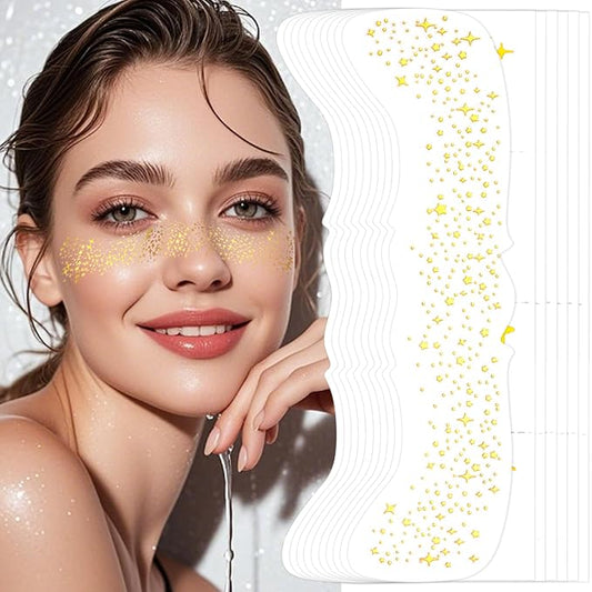 16 PCS Face Glitter, Gold Face Tattoos Stickers, Temporary Body Face Glitter, Makeup Patches for Women Girls Music Festival, Carnival Party, Halloween