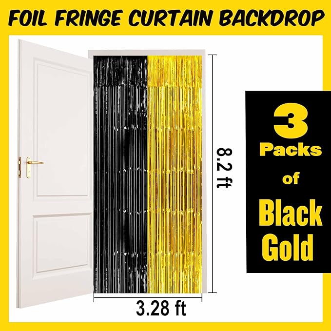 3 Pack Black and Gold Foil Fringe Curtains Backdrop, 3.28 x 8.2 Ft Metallic Streamers Tinsel Curtains Background for Photo Booth, Birthday, Christmas, Halloween, New Year Party Decorations