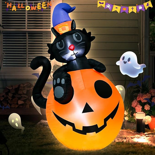 4FT Halloween Black Cat Pumpkin Inflatable Decoration Blow up Decoration with LED Lights Indoor Outdoor Yard Party Holiday Graden Decor