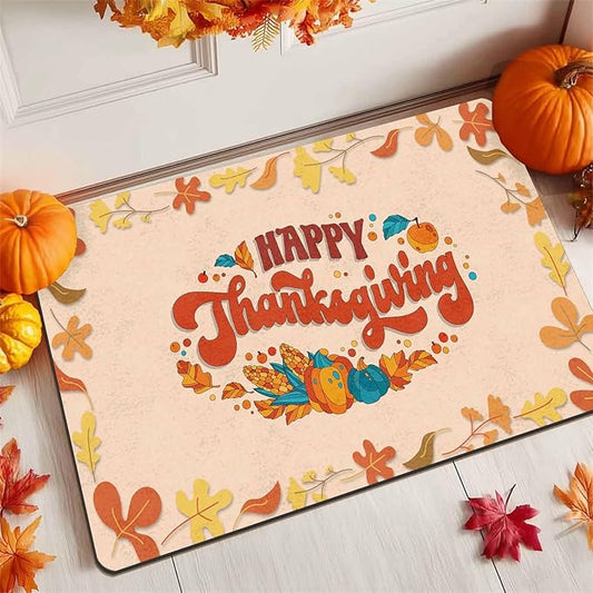 Fall Welcome Maple Leafs Decorative Door Mat, Autumn Thanksgiving Doormat for Indoor Outdoor Entrance Floor Mats,Fall Pumpkins Non Slip Harvest Vintage Decor Rubber Welcome Mats 30" x 18" Inch