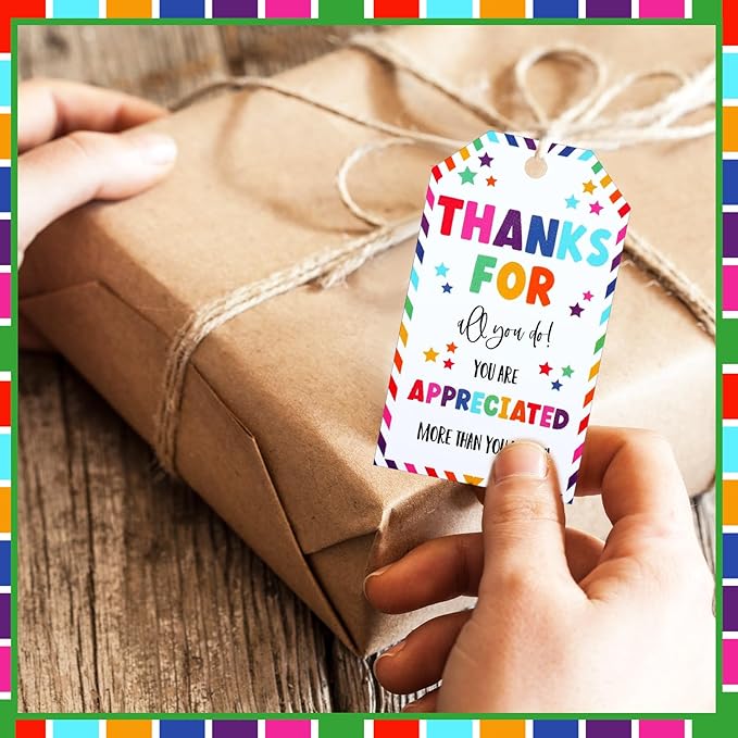 Spiareal 200 Pcs Thank You Gift Tags Bulk Thanks for All You Do Rainbow Tags with String White Paper Gift for Employee Appreciate Wedding Thanksgiving Party