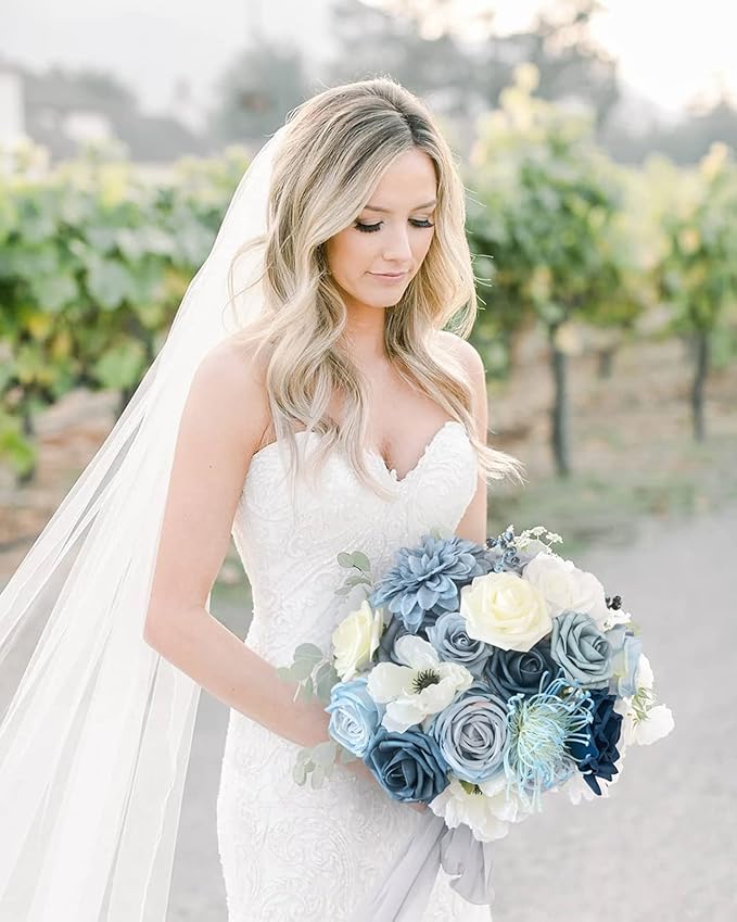 Roses Artificial Flowers Blue Bouquet Box Set Fake Flower for DIY Bridal Wedding Shower Centerpieces for Party Table Decorations Silk Floral Arrangements for Home Decor Indoor