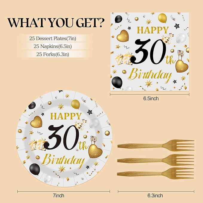 75PCS 30th Birthday Plates and Napkins Party Decorations, 7 Inch Premium Grey and Gold Happy Birthday Plates and Napkins Disposable Tableware Set 30 Year Old Birthday's Party Decor Women Men Her Him