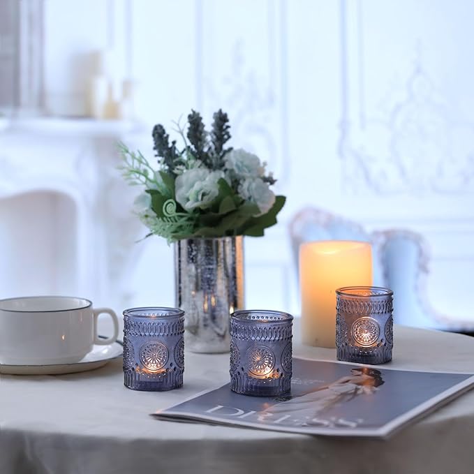 DEVI 24pcs Navy Blue Votive Candle Holders for Table Centerpieces, Blue Tealight Candle Holder for Bridal Shower Decorations, Boho Wedding Decorations for Home Party, Blue Sunflower Decor