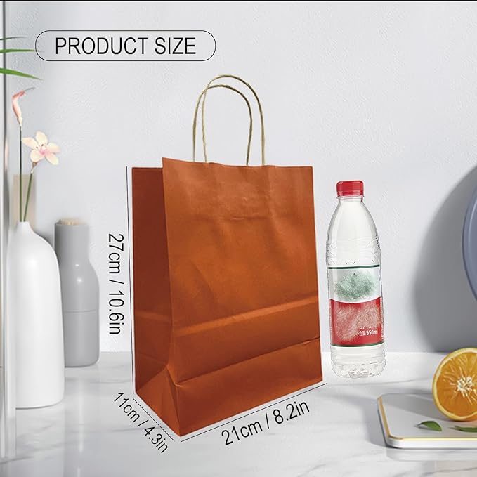 BAG BOX 25 Pack 8.25x4.3x10.6 Inch Orange Gift Bags with Handles,Bulk Kraft Paper Bags for Shopping, Retail, Merchandise, Wedding, Party Favors, Paper Grocery Sacks
