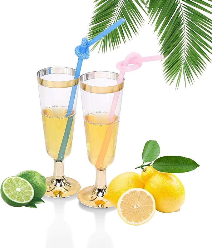 I00000 Gold Champagne Flutes 50 PACK, 5 Oz Disposable Champagne Glasses, 2-Piece Plastic Toasting Glasses for Celebration, Wedding or Parties