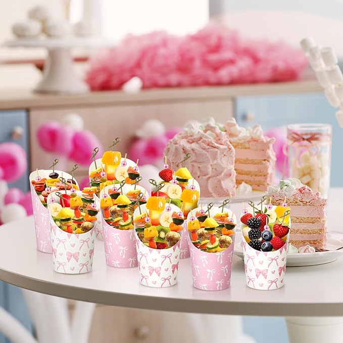 Tioncy 250 Pcs Charcuterie Cups with Cocktail Picks Sets, Bridal Shower Decoration 50 Charcuterie Cups with 200 Sticks for Wedding Baby Shower Floral Boho Witch Party Decorations (Pink,Bow)