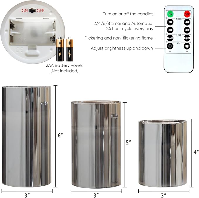 5plots Flameless Battery Operated Candles Set of 3, Gray LED Candles with Remote Timer, Real Wax Glass Pillar Candles Warm Flickering Light for Indoor Home, Halloween, Christmas Decor D3 x H4 5" 6"