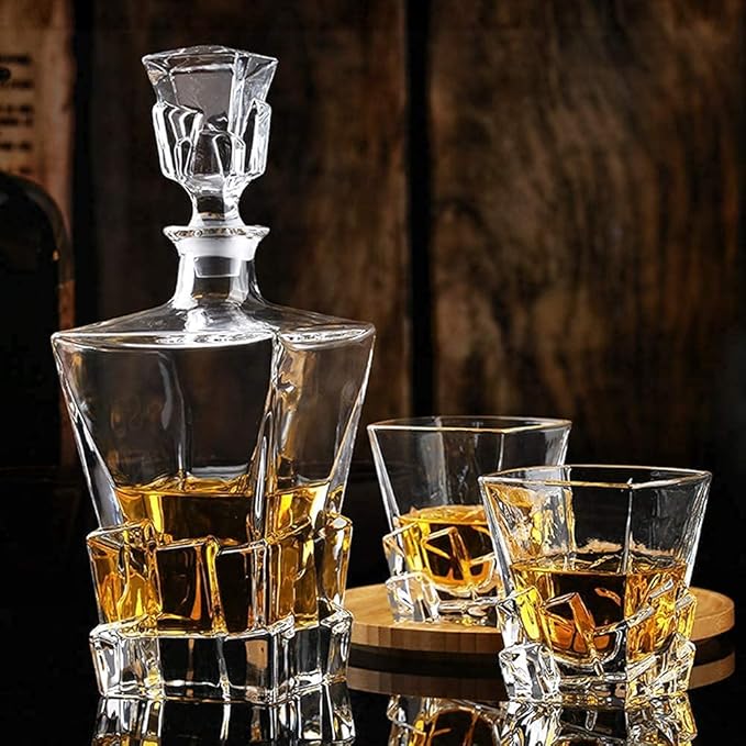 Whiskey Decanter Glasses Set Lead-Free Crystal Glass Scotch Tasting Cups Wine Bottle for Drinking Irish Whisky Bourbon Tequila tumbler (Ice cubes, 1 Decanter & 6 Glasses Set)