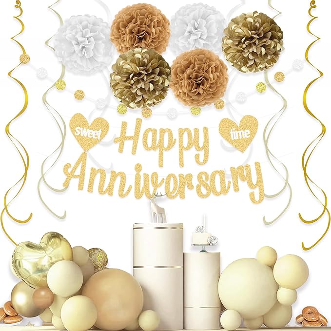 KOKAR Happy Anniversary Decorations – Gold Happy Anniversary Banner, Paper Pom Poms, Hanging Swirls and Glitter Circle Dots Garland for Wedding Decorations