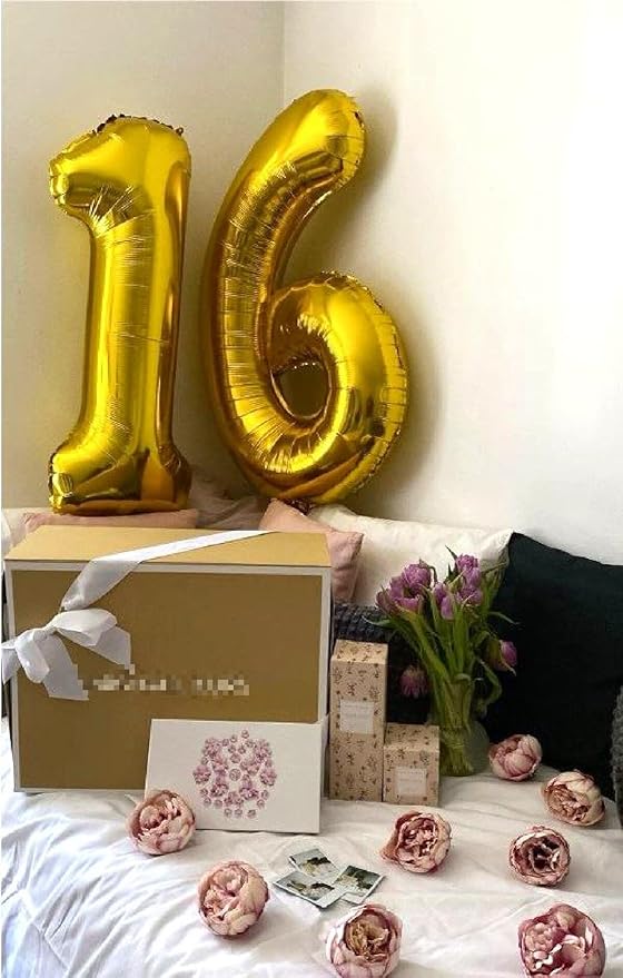 Gold 40 Inch Mylar Foil Number 16 61 Balloon, Birthday Digital Balloons for 16 Boy Girl Party Decorations Supplies, Big Helium Balloon Numbers for 16 61 Men Women Anniversary