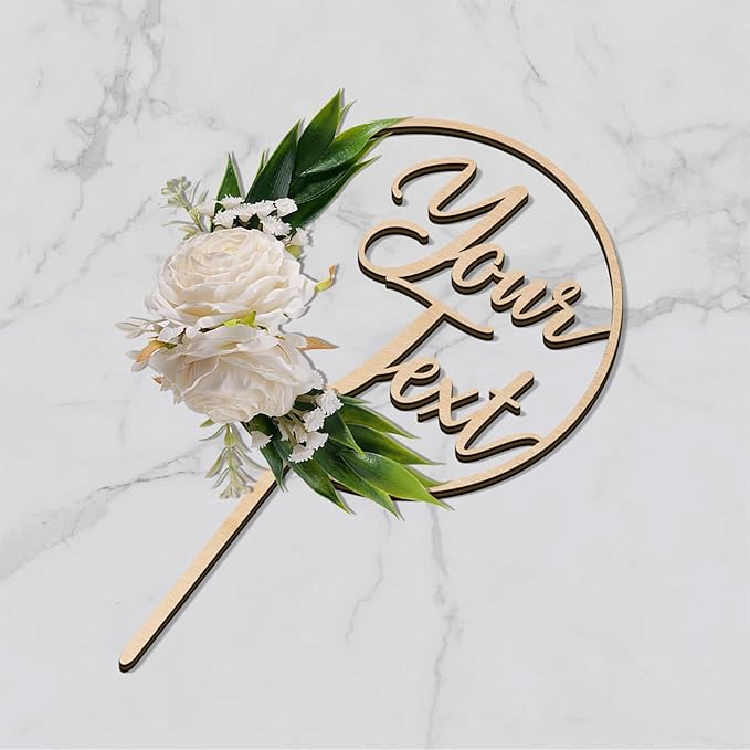 CustomText Wedding Cake Topper with 3D Artificial Flowers and Green Leaves Personalized Your Text Wooden Anniversary Engagement Cake Decoration