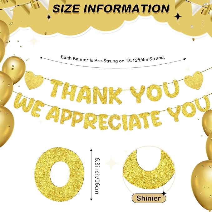 Fulmoon Pre Strung Thank You We Appreciate You Glitter Banner Funny Appreciation Banner for Employee Coworker Staff Teacher Thank Sign Party Decorations(Gold)
