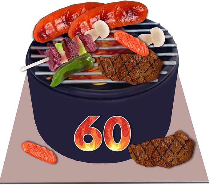 9 PCS BBQ Cake Topper Happy 60 Birthday Barbecue Decorations with Artificial Kebab and Hot Dog for Boys Girls Birthday Party Picnic Camping BBQ Theme Party Supplies