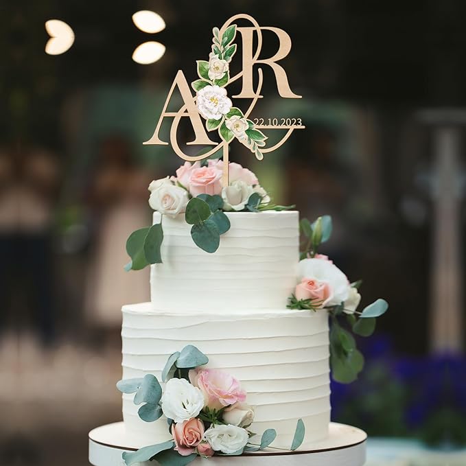Personalized Wedding Cake Topper in Wood Custom Initials & Date Wedding Cake Decoration Printed with Flowers & Green Leaves