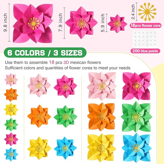 18 Pcs Mexican Paper Flowers Decor for Wall DIY Paper Fiesta Bulletin Board 3D Colorful Mexican Backdrop Decoration for Classroom Back to School Carnival and Holiday Party(Pointed-leaf Clover,Rainbow)