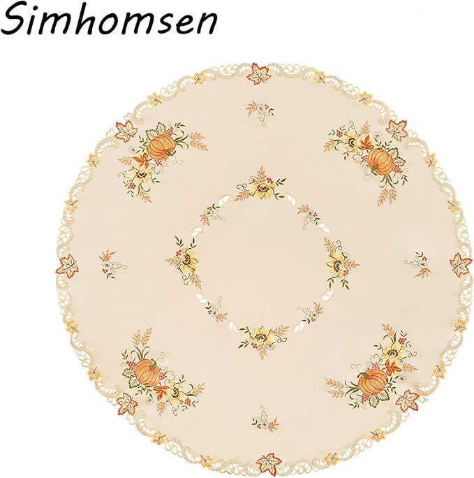 Simhomsen Embroidered Fall Autumn Harvest Pumpkins Tablecloth for Thanksgiving (Round 52 inches)