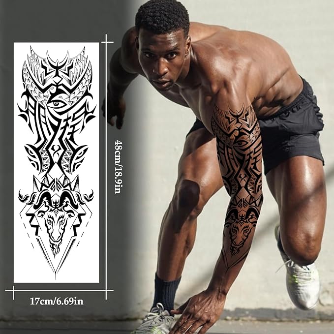 12 Sheets Temporary Sleeve Tattoos Adults, Waterproof Realistic Full Arm Fake Flower Totem Wolf Dragon Chinese Style Tattoos, Owl Monkey King Tattoo Parties Festivals Cosplay BBQ Pool Beach Party