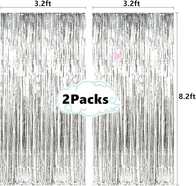 2 Pcs 3.2ft x 8.2ft Shiny Silver Metallic Tinsel Foil Fringe Curtains Photo Booth Backdrop for Birthday Wedding Bridal Shower Holiday Celebration Bachelorette Party Decorations