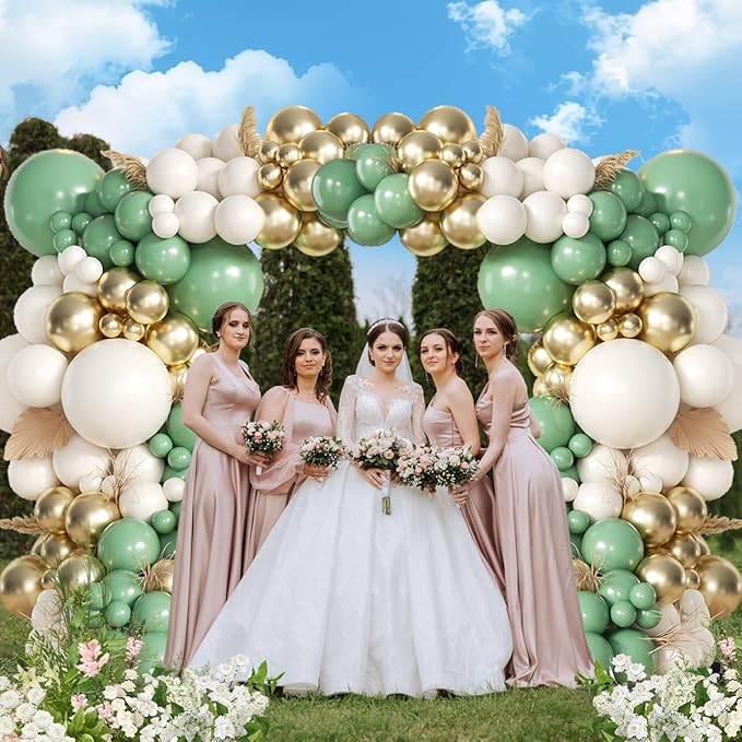155Pcs Sage Green Arch Kit with Pea Green White Gold Balloons for Baby Shower Bridal Shower Birthday Engagement Wedding Wild One Party Decorations