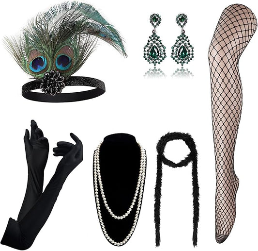 DRESHOW 1920s Great Gatsby Accessories for Women Flapper Headpiece Headband Gloves Costume Harlem Nights Accessories Set