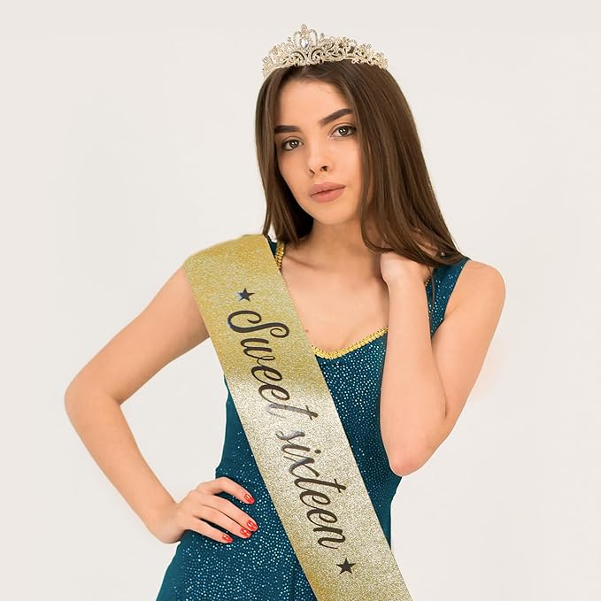 Sweet 16 Birthday Crown and Sash for Girls, Sweet 16th Sashes and Birthday Tiara Set, Sweet 16th Party Decorations Birthday Accessories for Women, Sweet 16 Gifts for Girls