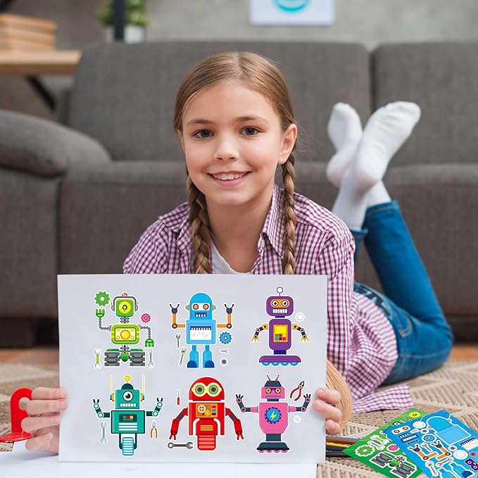 Create-Your-Own-Sticker, 32 Sticker Sheets for Kids Party Favors, Robot Stickers for Kids, Sticker Faces for Kids, Educational Party Favors, Birthday Party Activities, Robot Birthday Party Supplies
