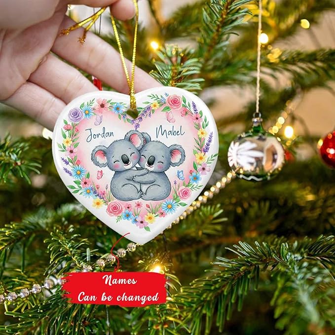 Personalized Koala Married Couple Xmas Ceramic Ornament, Koala with Flowers Heart Ornament Christmas, New Couple Keepsake Gift for Animal Lovers Couples, Custom Names Hugging Koalas Ornaments Xmas