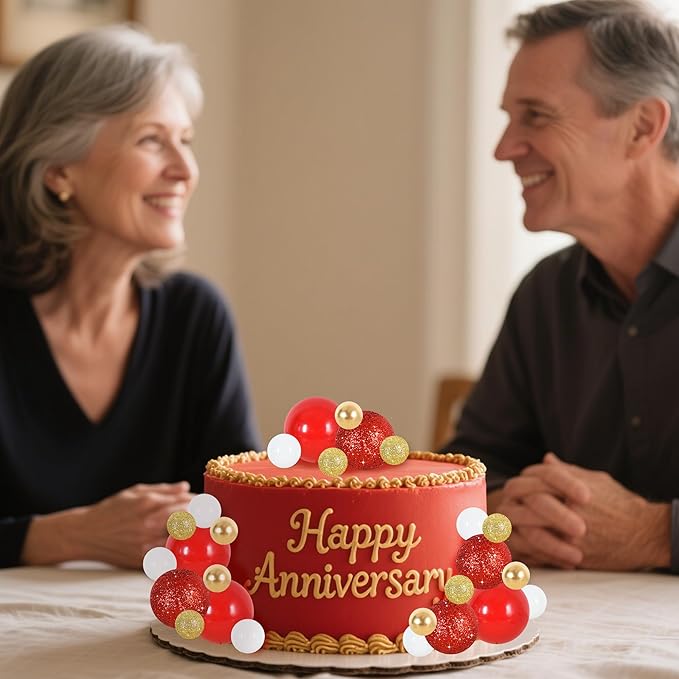 BEISHIDA 40 pcs Foam Ball Shaped Cake Toppers with Sticks Perfect for Birthday Party Baby Shower Christmas Party Decor Wedding Anniversary Chinese New Year(Red, Gold, White)