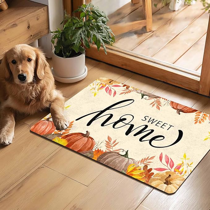 Fall Welcome Maple Leafs Decorative Door Mat, Autumn Thanksgiving Doormat for Indoor Outdoor Entrance Floor Mats,Fall Pumpkins Non Slip Harvest Vintage Decor Rubber Welcome Mats 16" x 24" Inch