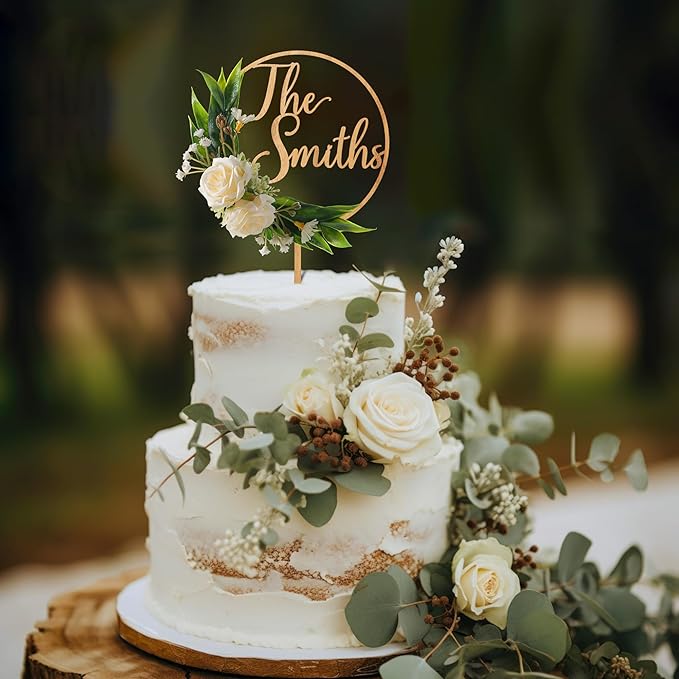 3D Flowers Wedding Cake Topper Custom Last Name Wedding Cake Decoration in Wood with 3D Artificial Roses (Oak)