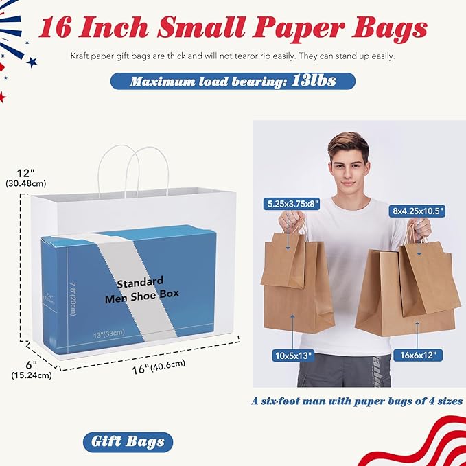GSSUSA Large White Paper Bags 16x6x12'' 200Pcs Recycled Gift Bags Kraft Bag With Handles For Business, Party, Boutique, Retail, Wedding, Shopping, Halloween, Christmas