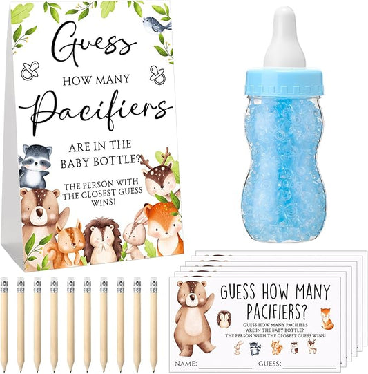 Roowest 512 Pcs Baby Shower Games Guess How Many Pacifiers Sign 100 Small Guessing Games 10 HB Pencils 750ml Milk Bottle 400 Acrylic Pacifiers Decoration for Guest Gender Reveal(Bright,Woodland)