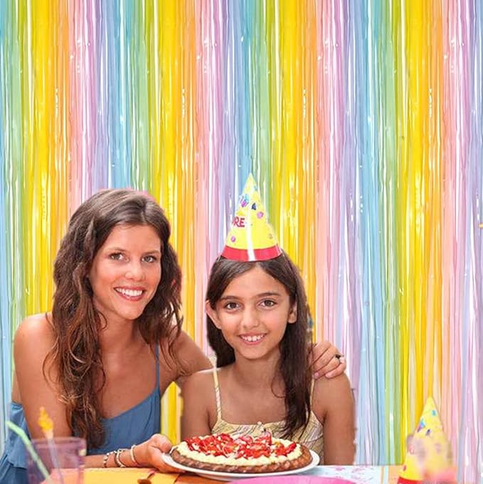 2 Pcs 3.2ft x 8.2ft Rainbow Metallic Tinsel Foil Fringe Curtain Party Streamers Photo Booth Backdrop Prop for Wedding Holiday Baby Shower Bachelorette Party Décor