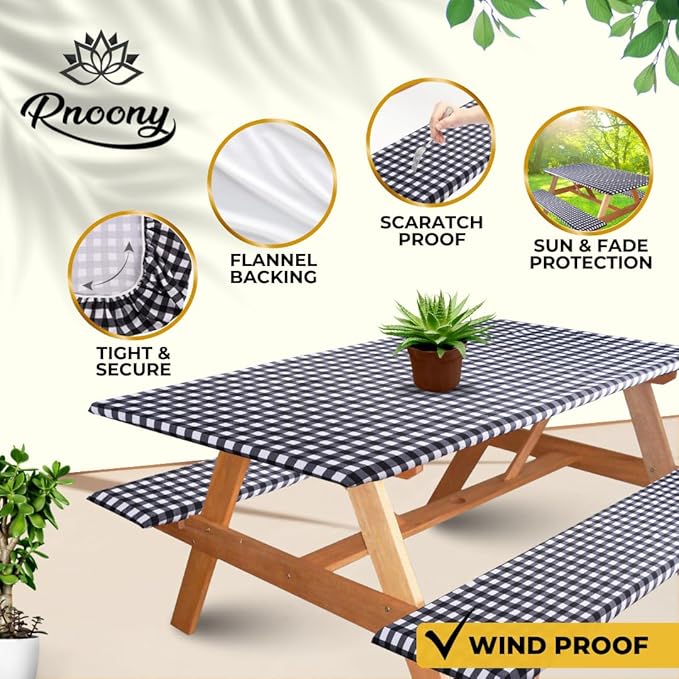 RNOONY 8ft Polyester Picnic Table Cover with Bench Covers Windproof & Waterproof Tablecloth, Perfect for Camping Gifts & RV Essentials, Cool Camping Gadgets with Carrying Bag, 96x30 Inches,4Pcs Black