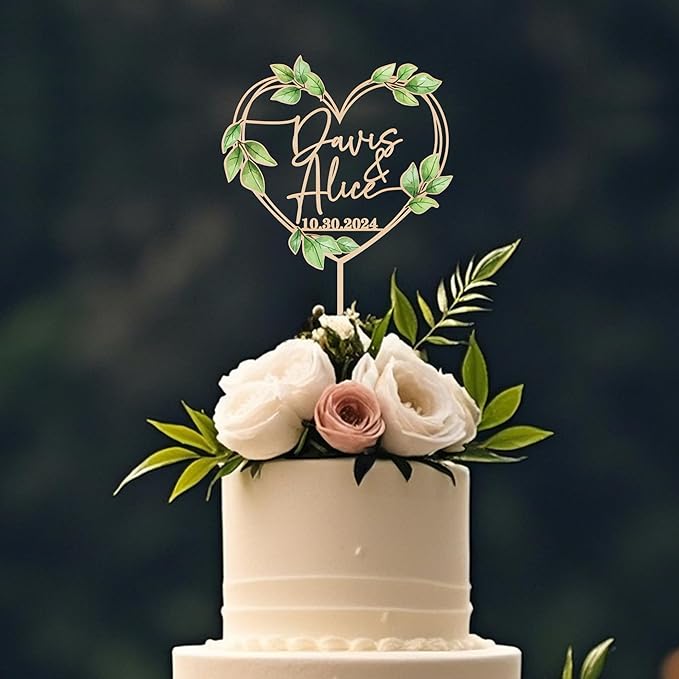Heart Wedding Cake Topper Personalized Names and Date Green Leaves Engagement Cake Topper Keepsake Wedding Gift