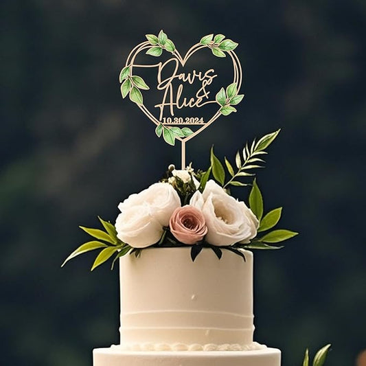 Heart Wedding Cake Topper Personalized Names and Date Green Leaves Engagement Cake Topper Keepsake Wedding Gift