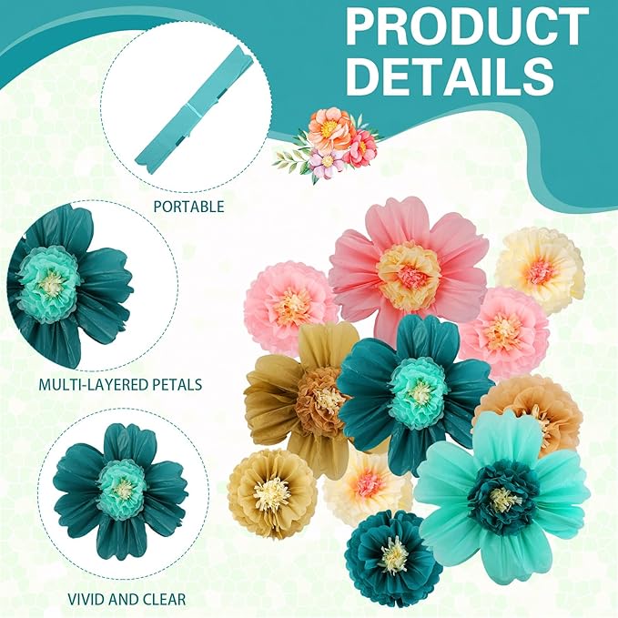Crowye 12 Pcs Large Colorful Tissue Paper Flowers Decorations 20" Giant Fiesta Crepe Paper Flowers for Wall Decor Backdrop Mexican Wedding Birthday Baby Shower Carnival Party Craft (Stylish Color)