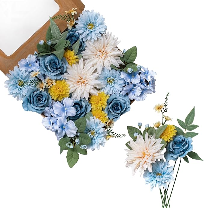 FANKO Rose Artificial Flowers Combo for DIY, Fake Blue Rose Silk Flowers Greenery, Faux Flowers for Wedding Bridal Bouquet, Baby Shower, Table Centerpieces, Floral Arrangement, Party Home Decoration